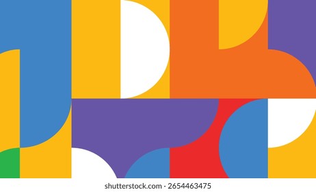 Abstract arrangement of smooth semicircles and color divisions in orange, green, purple, and red on a vibrant grid layout.