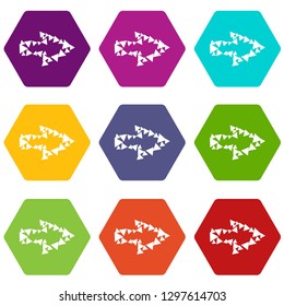 Abstract arrow with contour of triangles icons 9 set coloful isolated on white for web