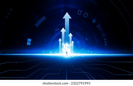 Flecha abstracta hacia arriba de la puerta de la llave del dólar o el interés de un hombre de negocios abierto de fondo de tecnología de la luz Hipótesis de la comunicación Hitech concepto de innovación diseño de vectores de fondo. 