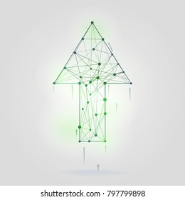 Abstract arrow growing up with wireframe structure vector illustration. green connected dots and lines on grey background. Business connection concept.