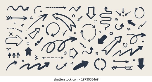 Abstract arrow icon set. Various doodle arrows in different shapes with grunge texture. Hand-drawn abstract infographic Vector collection.
