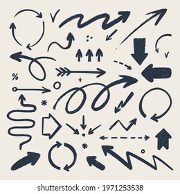 Abstract arrow icons set. Various doodle arrows in different shapes with grunge texture. Hand-drawn abstract infographic Vector collection.