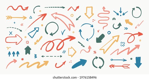 Abstract arrow icons set. Various doodle arrows in different shapes with grunge texture. Hand-drawn abstract infographic Vector collection.