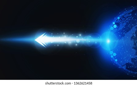 Abstract Arrow Light out technology background Hitech communication concept innovation send for planet earth with sunrise and technology network. vector illustration