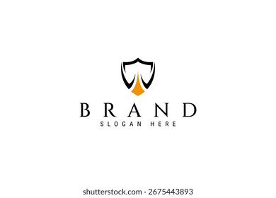 Logotipo abstracto de la flecha hacia arriba en un marco del escudo con estilo plano del diseño