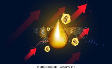 Abstrakte, Pfeil-, Öl-, Währungs- und Landkarte, Konzept zur Erhöhung der Ölpreise oder Energie auf dem Weltmarkt, dem Kapitalmarkt, auf einem schönen, futuristischen Hintergrund