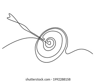 Flecha abstracta en el círculo objetivo como dibujo continuo de línea sobre fondo blanco. Vector