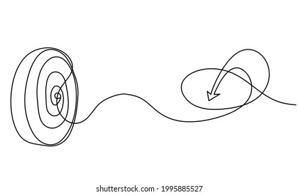 Flecha abstracta en el círculo objetivo como dibujo continuo de línea sobre fondo blanco. Vector