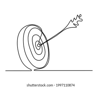 Flecha abstracta en el círculo objetivo como dibujo continuo de línea sobre fondo blanco. Vector