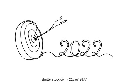 Abstract arrow on target circle with 2022 as continuous lines drawing on white background. Vector