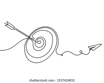 Abstract arrow on target circle with paper plane as continuous lines drawing on white background. Vector