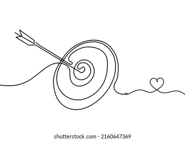 Abstract arrow on target circle with heart as continuous lines drawing on white background. Vector