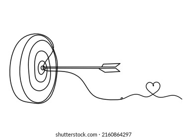 Abstract arrow on target circle with heart as continuous lines drawing on white background. Vector