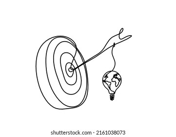 Flecha abstracta en círculo objetivo con bombilla de globo como líneas continuas dibujando sobre fondo blanco. Vector
