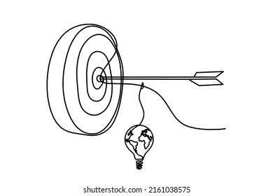 Flecha abstracta en círculo objetivo con bombilla de globo como líneas continuas dibujando sobre fondo blanco. Vector