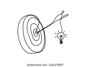 Abstract arrow on target circle with light bulb as continuous lines drawing on white background. Vector