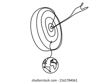 Abstract arrow on target circle with  globe as continuous lines drawing on white background. Vector