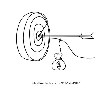 Abstract arrow on target circle with heart as continuous lines drawing on white background. Vector
