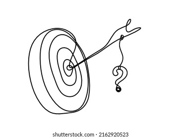Flecha abstracta en círculo objetivo con signo de interrogación como líneas continuas dibujando sobre fondo blanco. Vector