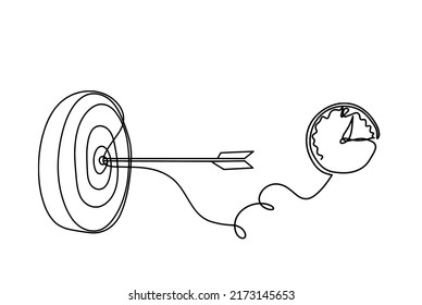 Abstract arrow on target circle with clock as continuous lines drawing on white background. Vector