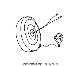 Abstract arrow on target circle with globe light bulb as continuous lines drawing on white background. Vector
