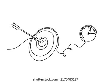 Abstract arrow on target circle with clock as continuous lines drawing on white background. Vector