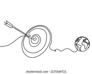 Flecha abstracta en círculo objetivo con globo como líneas continuas dibujando sobre fondo blanco. Vector