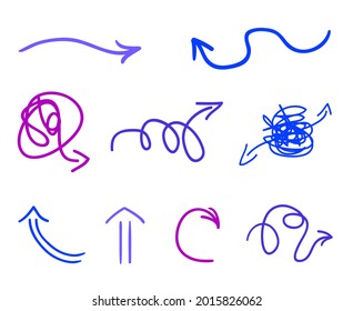 Flecha abstracta sobre blanco. Conjunto de señales indicadoras esquemáticas. Las flechas simples dibujadas a mano. Los elementos se dibujan en un estilo lineal. Ilustración colorida