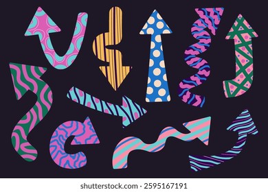 Abstract arrow set with colorful ornament. Grunge modern arrow element shape. Cartoon isolated vector illustration.	