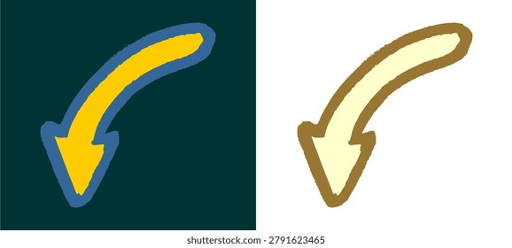 Abstract arrow shape displaying hand drawn curved down bend direction pointer for navigation business presentation dashboard outline template graphic design element isolated clip art.