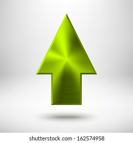 Up abstract arrow sign with green metal texture (silver, chrome, steel), realistic shadow and light background for web sites, user interfaces (UI), applications (apps) and business presentations.