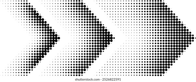 Abstract arrow symbol created from dots, halftone effect. Retro halftone style arrow in three sizes illustration. Perfect for web design, digital art, colleges, or any other projects.