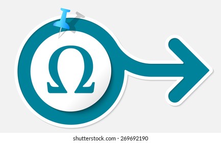 Abstract arrow with white frame and omega symbol