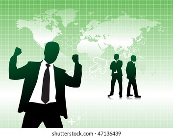 Abstract arrow world map background with standing success businessman silhouette. Vector illustration. No mesh in this Vector