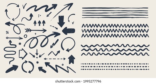 Abstract arrows and brushes set. Various doodle arrows and art strokes with grunge texture. Hand-drawn abstract vintage infographic Vector collection. Add in the brush panel as art or pattern brush.