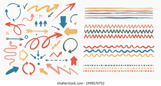 Abstract arrows and brushes set. Various doodle arrows and art strokes with grunge texture. Hand-drawn abstract vintage infographic Vector collection. Add in the brush panel as art or pattern brush.
