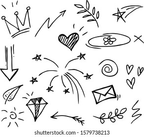 Abstract arrows, crown and other elements in hand drawn style for concept design. Doodle illustration. Vector template for decoration