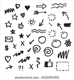 Flechas abstractas, coronas, corazones, explosiones y otros elementos en estilo dibujado a mano para el diseño conceptual. Ilustración del doodle. Plantilla de vector para la decoración