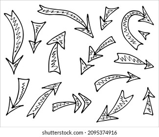 Abstract arrows doodles collection hand drawn, black and white vector illustration