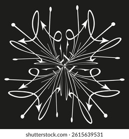 Abstract arrows explosion. Symmetric vector direction. White motion shape. Black background field.