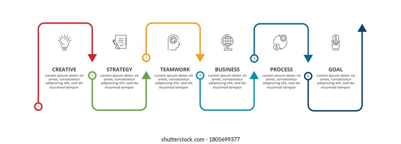 Resumen de flechas del gráfico, diagrama con 6 pasos, opciones, partes o procesos. Plantilla de negocio de vectores para presentación.