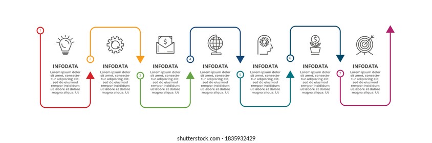 Resumen de flechas del gráfico, diagrama con 7 pasos, opciones, partes o procesos. Plantilla de negocio de vectores para presentación.