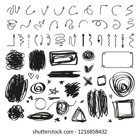 Abstract arrows. Grunge geometric signs on white. Hand drawn tangled symbols. Chaotic shapes for design. Line art. Circles, ovals and rectangle frames. Black and white illustration