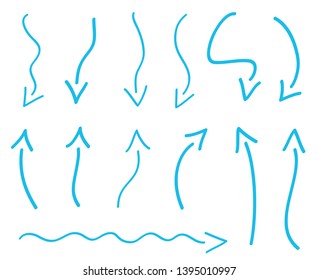 Abstract arrows. Infographic elements isolated on white. Set of sketchy indicator signs. Hand drawn simple pointers. Symbols for work