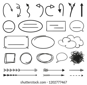 Abstract arrows. Linen shapes on white. Chaos patterns. Scribble sketches. Different tangled symbols. Backgrounds with array of lines. Black and white illustration. Doodles for design and business