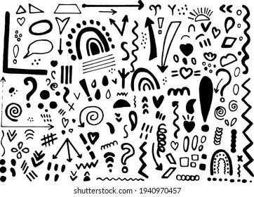 abstract arrows, lines, ribbons and shapes on a white background. Doodles for design and decoration