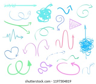 Abstract arrows. Multicolored infographic elements isolated on white. Set of different indicator signs. Tangled hand drawn simple pointers. Line art. Symbols for work