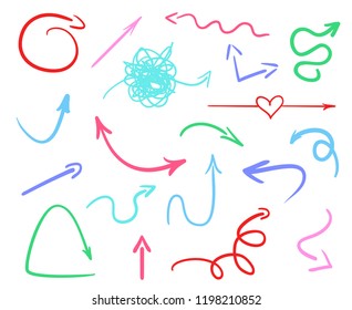 Abstract arrows. Multicolored infographic elements on white. Set of different indicator signs. Hand drawn simple objects. Line art. Symbols for work