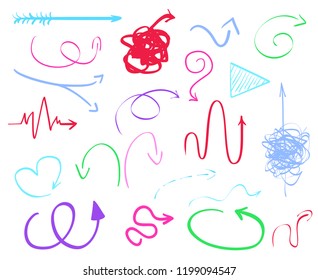 Abstract arrows. Multicolored infographic elements on white. Set of different indicator signs. Hand drawn simple objects. Line art. Symbols for work