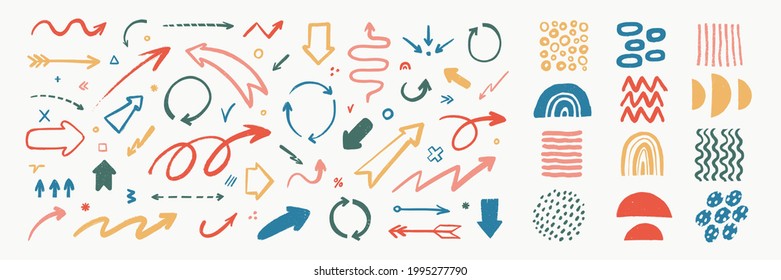 Abstract arrows and organic shapes set. Various doodle arrows and art elements with grunge texture. Hand-drawn abstract infographic Vector collection.